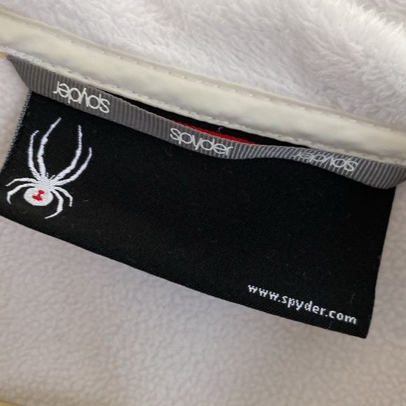 Spyder Women’s White Soft Shell Fleece Lined Jacket with Colorblock Hood. Medium - Picture 2 of 14